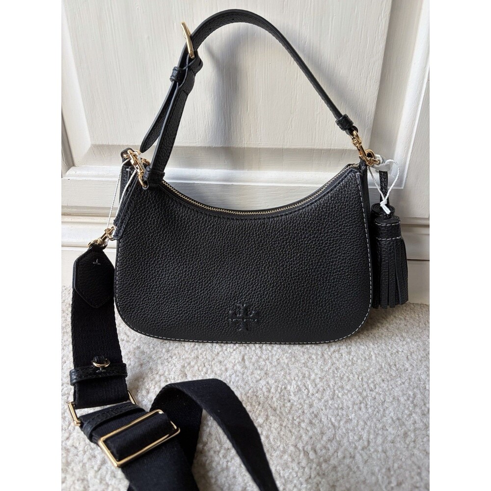 Tory Burch Thea Convertible Leather Crossbody Black Tassels Shoulder Bag NEW